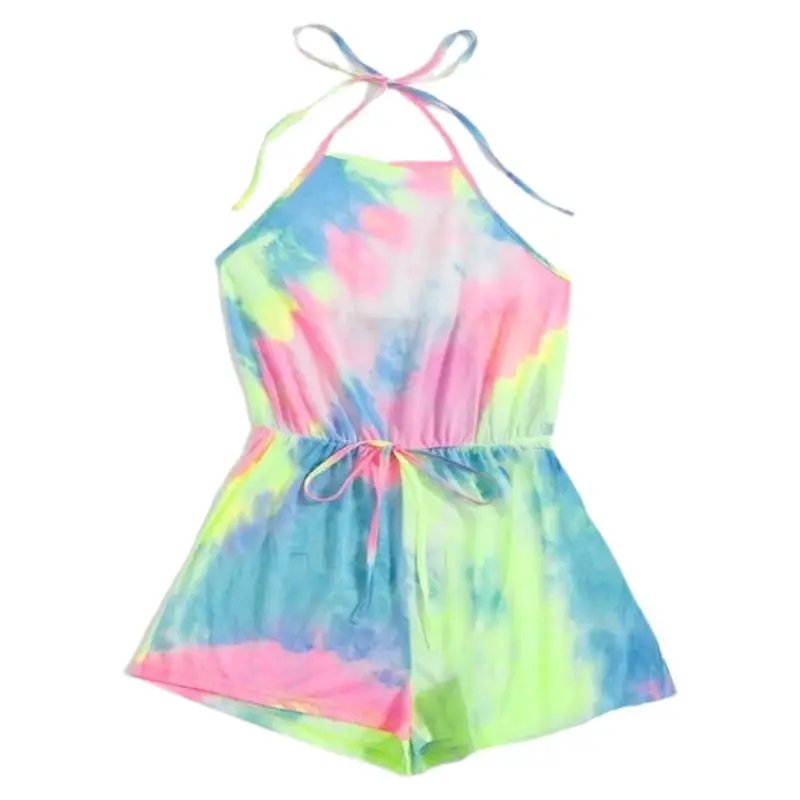 Women Summer Halter Sleeveless Short Jumpsuit Neon Colorful Tie-Dye Print Cami Rompers Sexy Backless Drawstring Playsuit |