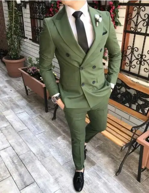 Зеленый Мужские костюмы Slim Fit модный костюм двубортный заостренный лацкан темно-синий черный свадебный костюм жениха на выпускной - Цвет: Зеленый