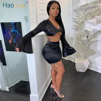 

HAOYUAN Sexy Satin Two Piece Set Women Festival Clother Flare Sleeve Crop Top and Skirt Suit Birthday Club Outfits Matching Sets