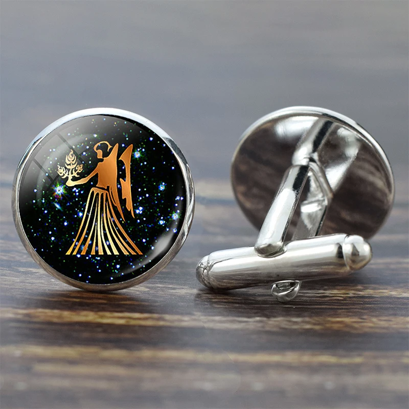 Virgo 12 Созвездие стеклянная запонка из сплава Leo знак зодиака Рыбы ручной работы стеклянные серебряные Костюмные запонки звенья Мужская рубашка подарок на день рождения - Окраска металла: Virgo