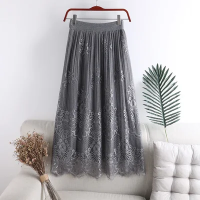 Gray Wear on Both Sides Women Knitted Skirts Autumn Winter High Waist Lace Patchwork Long Skirt Large Swing A-Line Pleated Skirts - Цвет: Gray