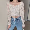 Floral Print Drawstring Crop Top Women Spring Fall Long Sleeve Purple White Chiffon Blouse Shirt Korean Style Ladies Short Tops 1