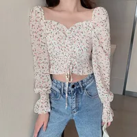Floral Print Drawstring Crop Top Women Spring Fall Long Sleeve Purple White Chiffon Blouse Shirt Korean Style Ladies Short Tops 1