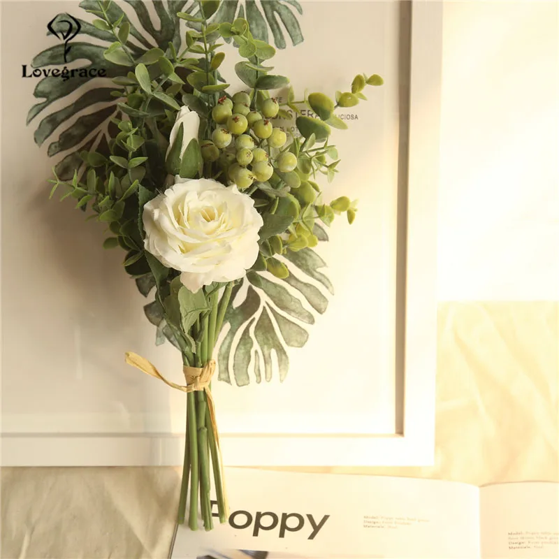 Lovegrace букет свадебный цветок для невесты Роза для подружки невесты листья эвкалипта Букет искусственного шелка Цветок стол центр аксессуары - Цвет: small-white
