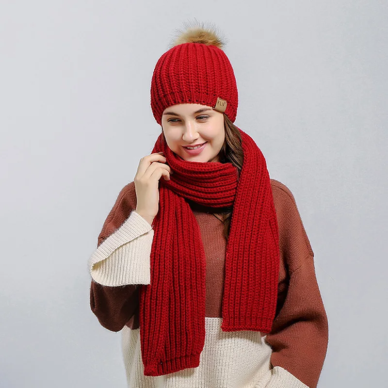 Осень Зима, вязаные наборы шарф шапка для женщин, Толстая теплая шапка с помпоном и шарф, женский модный повседневный комплект