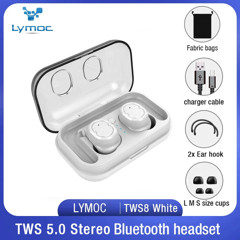 LYMOC TWS8 Bluetooth наушники 5,0 TWS беспроводные наушники мини наушники HiFi Звук Спорт водонепроницаемый HD микрофон громкой связи для всех телефонов - Цвет: White fabric bag