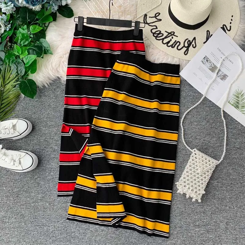 NiceMix новая полосатая Осенняя Женская юбка трикотажная стрейч модная Faldas Mujer Moda Высокая талия панелями женские длинные юбки