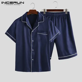 

INCERUN Mens Pajamas Sets Short Sleeve Lapel Casual 2 Pieces Sleepwear Tops Shorts Homewear Summer Soft Men Nightgown Sets S-5XL