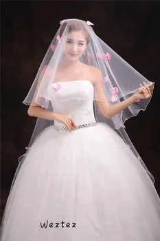 

Bridal Veils Romantic Wedding Veil Dress Pink Petals Decoration Veil Layers Tulle Ribbon Edge TS309