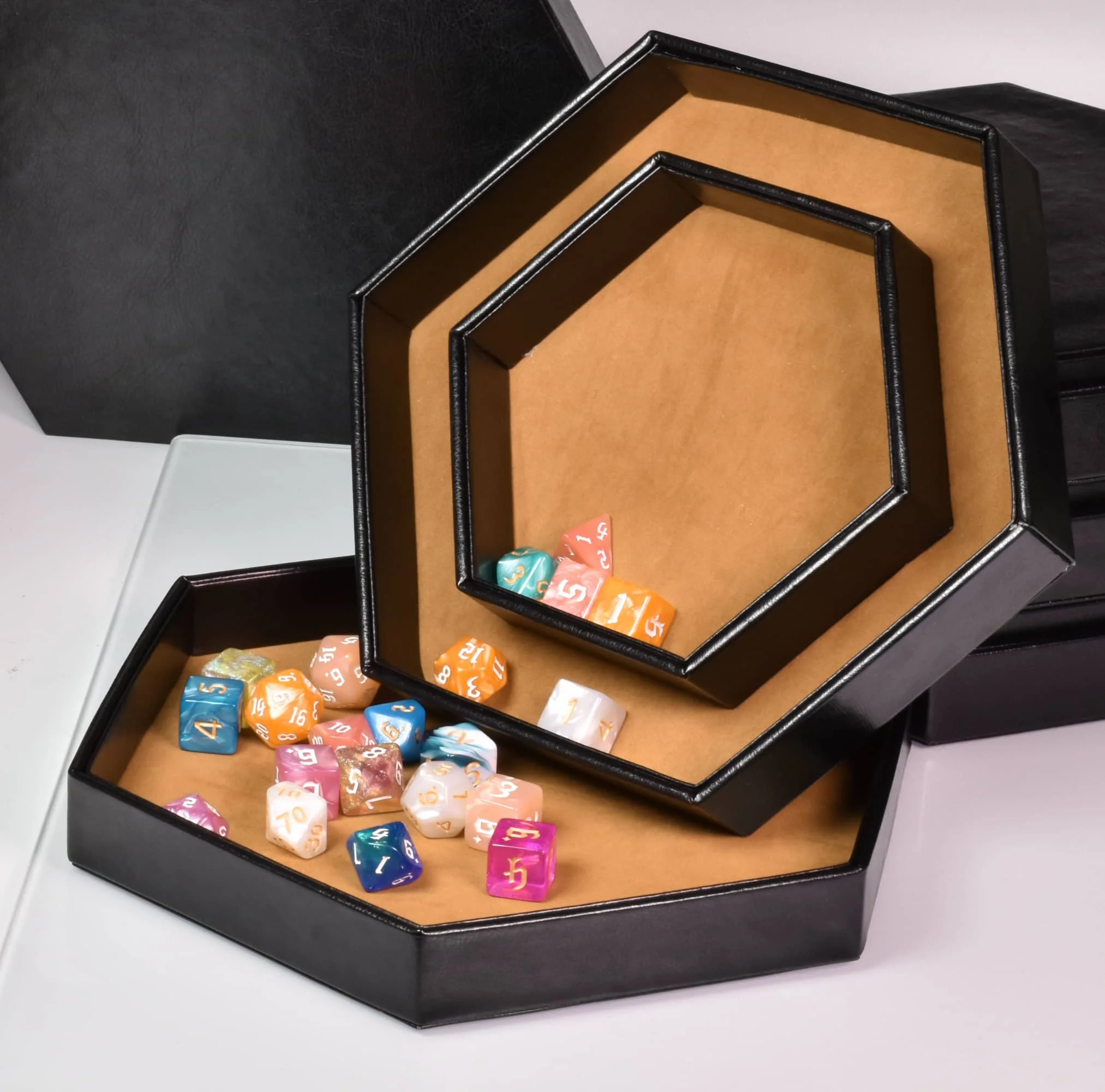 Dice Tray Storage Case 2 in 1 D&D Hexagon Rolling Tray Holder PU Leather