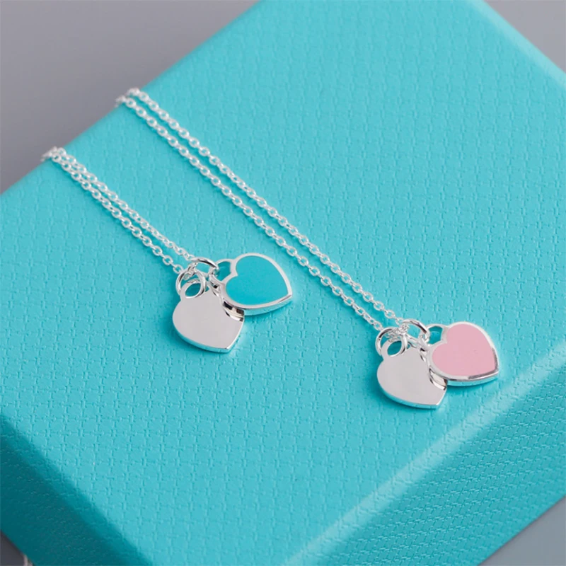 Romantic Europe Style Heart Pendant Necklace blue Pink bracelet Double Heart Link Chain Necklace For Woman Jewelry