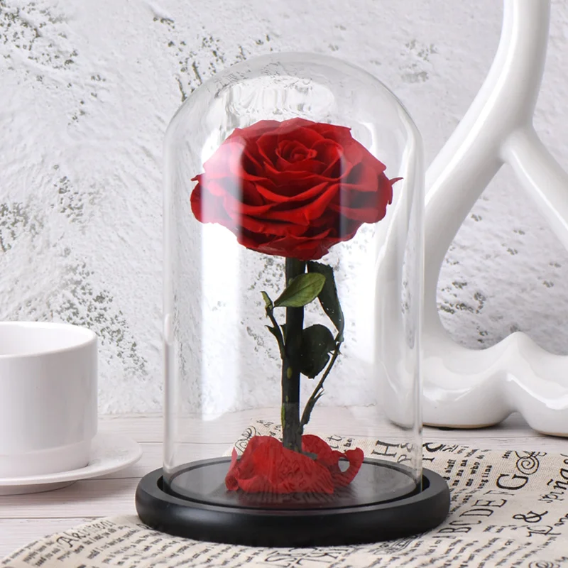 red rose Искусственные цветы, красные розы, украшение, красота и чудовище, со стеклянным куполом, деревянная основа, искусственные цветы на год, подарки на день Святого Валентина - Цвет: red rose