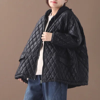 Женский зимний Корейский стиль размера плюс верхняя одежда литературные ромбовидные трикотажные с капюшоном сшитые свободные короткие PU кожаные пальто