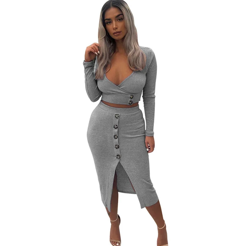 

Fashion 2 Piece Sets Womens Outfits 2019 Autumn New Women's Long-sleeved V-neck Shirt + Skirt Matching Sets for Women Clothes