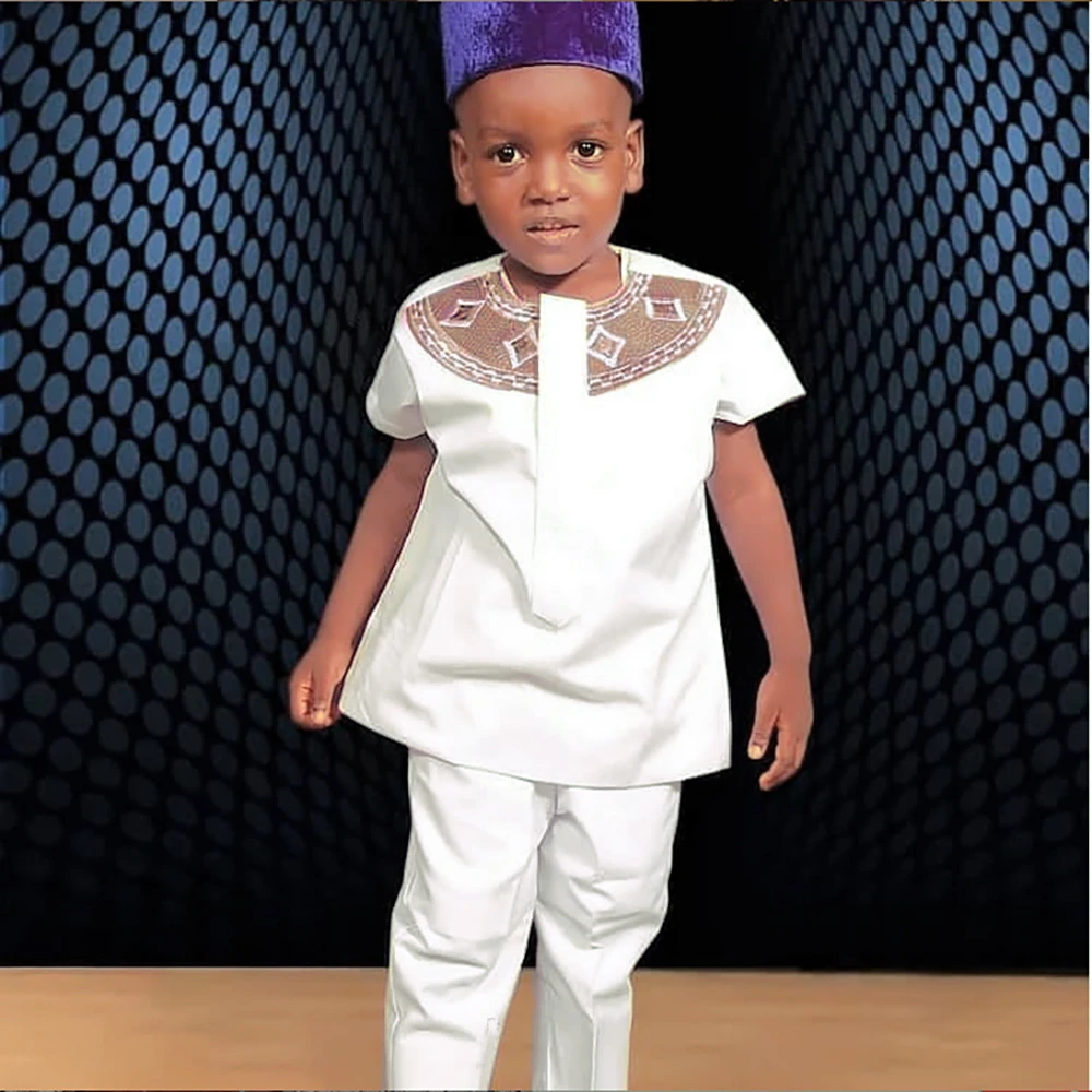 African Kids Dashiki Outfit 2-Piece Set - Boys Kente Print Long Sleeve Shirt & Pants, Ankara Clothing
