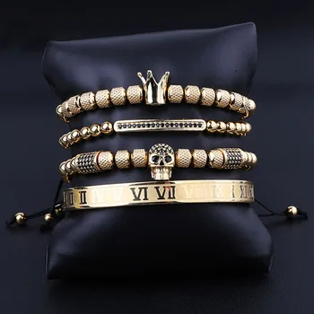 High Quality Men Jewelry Gold Stainless Steel Roman Bangle CZ Skull Charm Beaded Macrame Bracelet Set