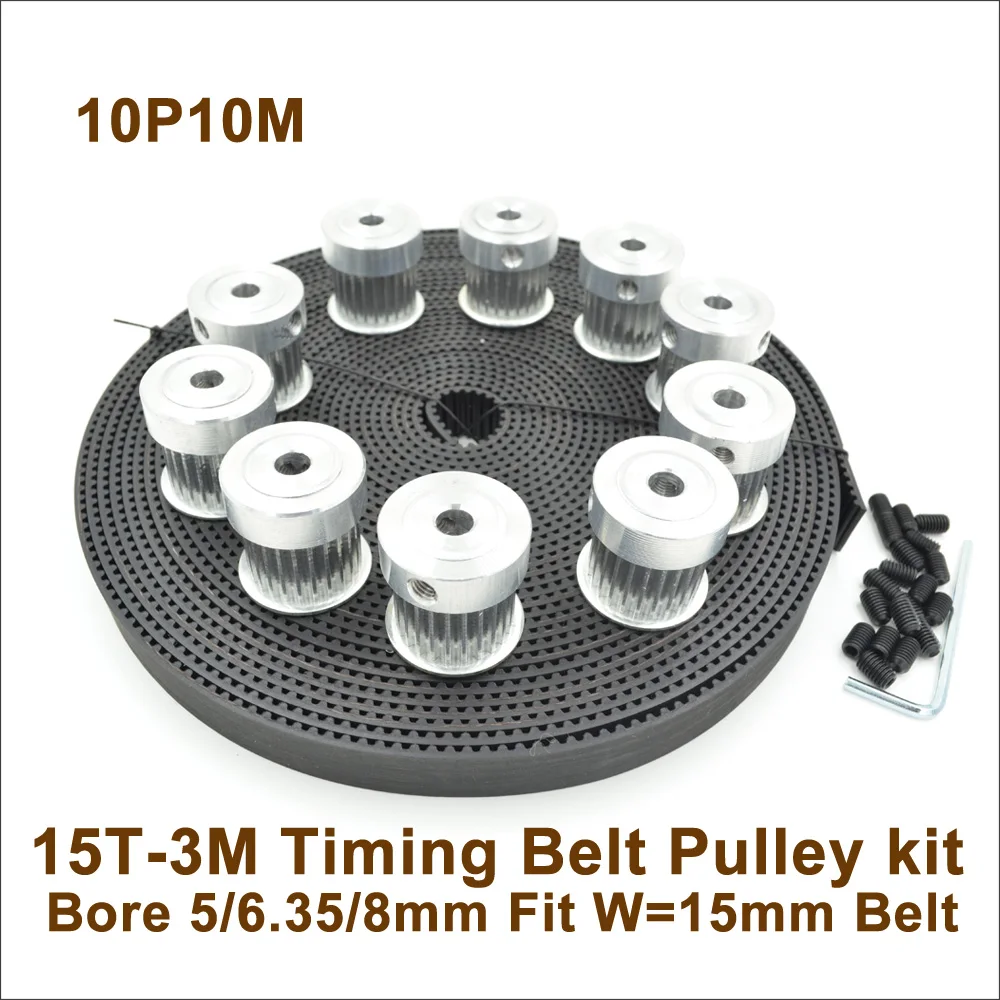 POWGE 10pcs 15 Teeth 3M Timing Pulley Bore5/6.35/8mm + 10meters W=15mm Rubber Synchronous Open Belt 15T 15Teeth | Обустройство дома