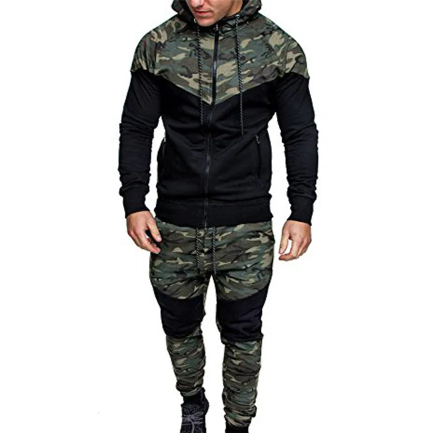

Men Camouflage Printed Set 2019 New Causal Patchwork Jacket Tracksuit Sportswear Hoodies Sweatshirt Pants Jogger Suit