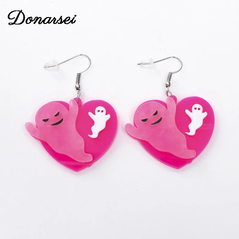 

Donarsei Halloween Cute Heart Ghost Acrylic Earrings For Women Acetate Pink Color Specter Drop Earrings All Saints' Day Gift