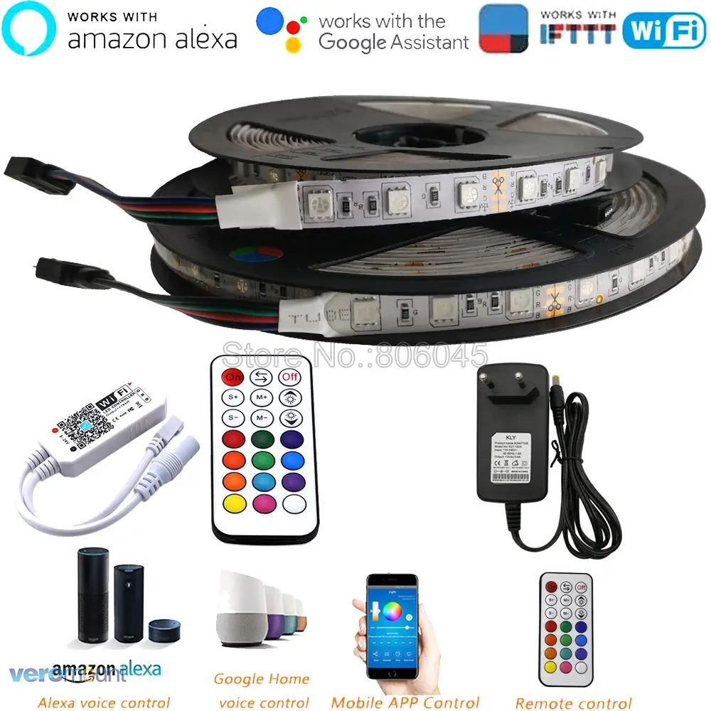 5 м 5050 светодиодные ленты набор rgb-лента 60 Светодиодный/м 12 В + 21Key RF пульт дистанционного управления Лер Alexa Google Home Voice WiFi управление + адаптер