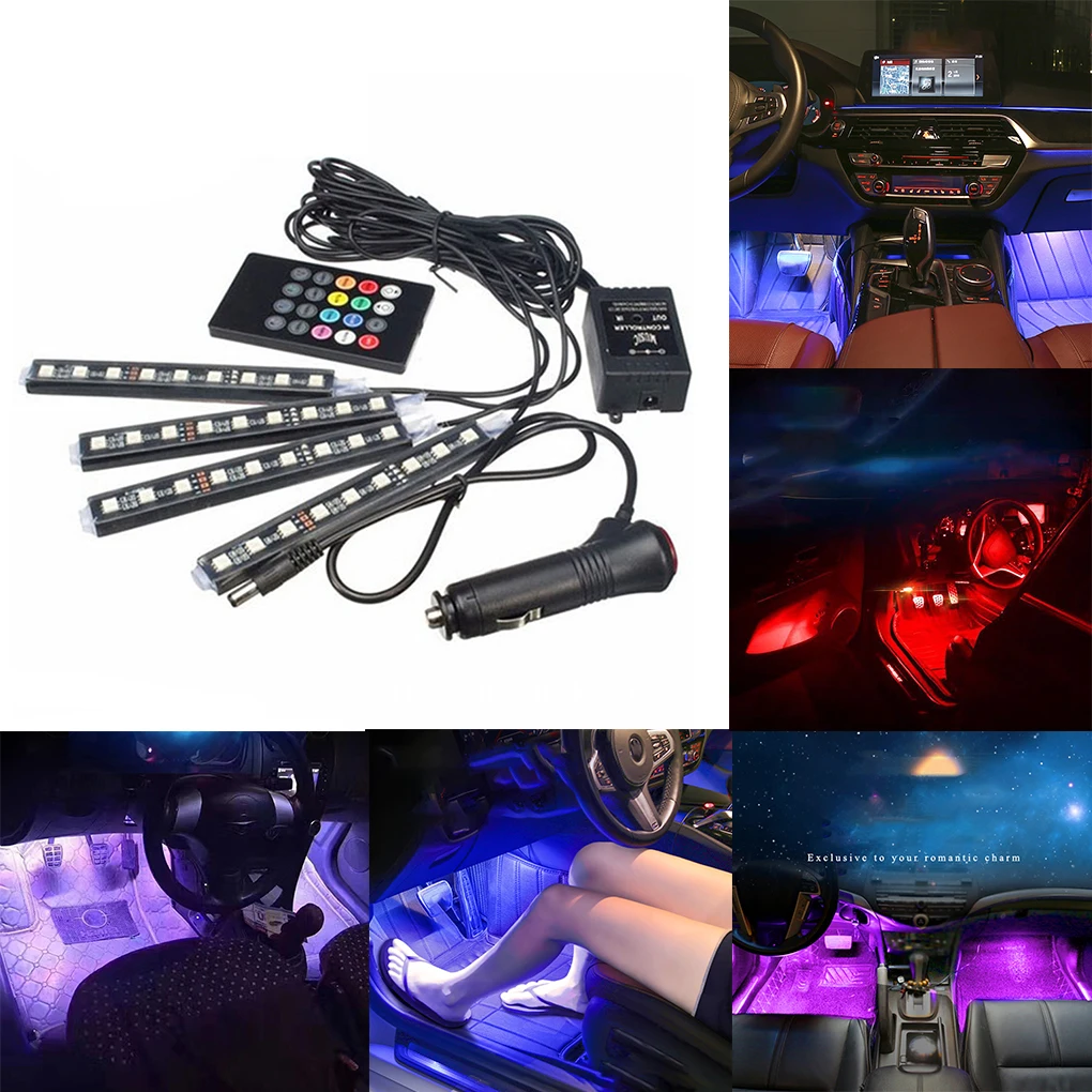 4 in 1 Car Atmosphere Light Colors Change Voice Wireless Remote Control Auto Interior LED Strip Light