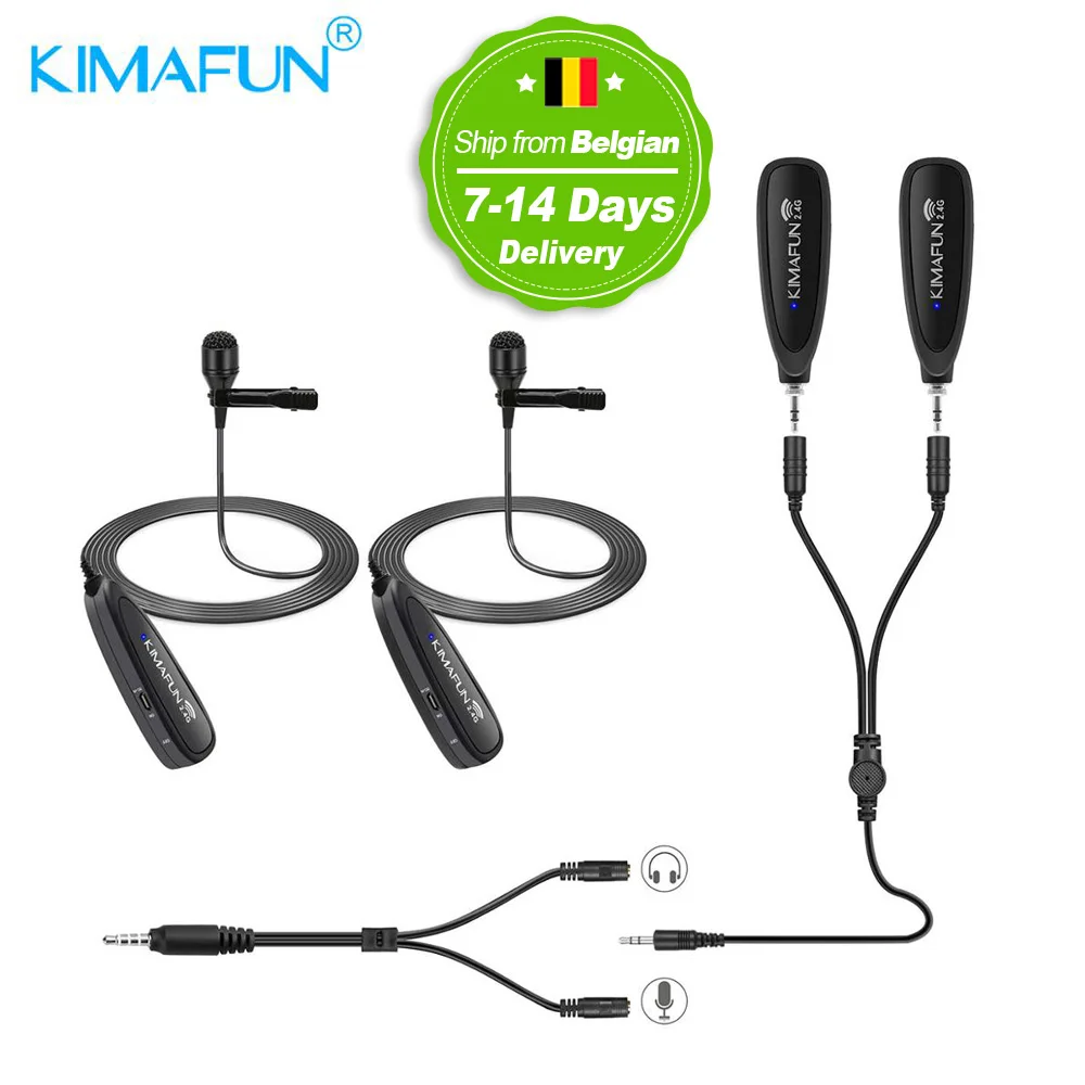KIMAFUN 2.4G Wireless Microphone System Dual Wireless Microphone Set with 2 Lapel Lavalier Microphone