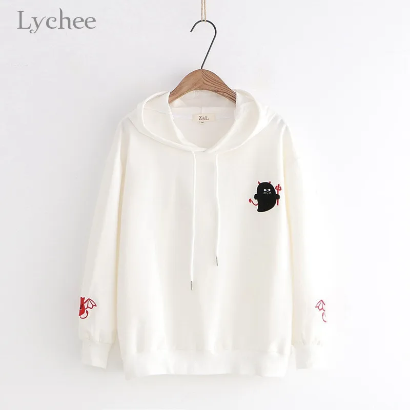 Lychee Harajuku повседневные женские толстовки пуловеры дьявол вышивка с капюшоном Женская толстовка Весна Осень дамские свитшоты Топы