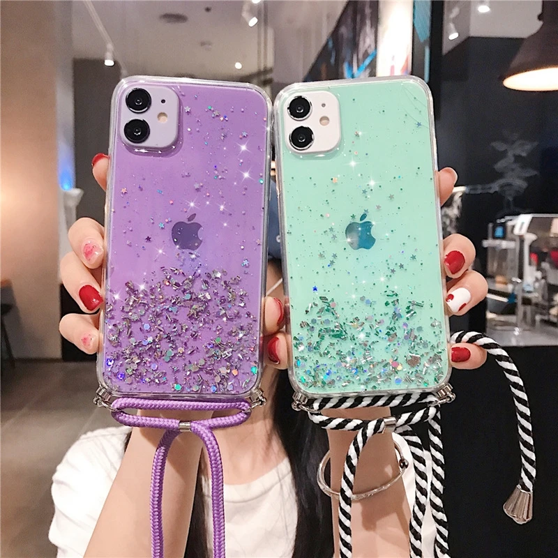 Блестящий блестящий чехол для iPhone 11 Pro Max с ожерельем и ремешком XR X XS 7 8 6 6S Plus 5 5S SE