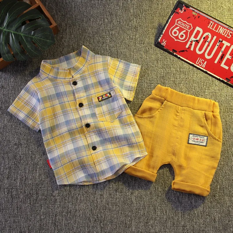 

Lovely Children Baby Boys Casual Short Sleeve Plaid Print T-shirt Tops+Shorts Costume 2pcs Set 0-3T Newborn Baby Set