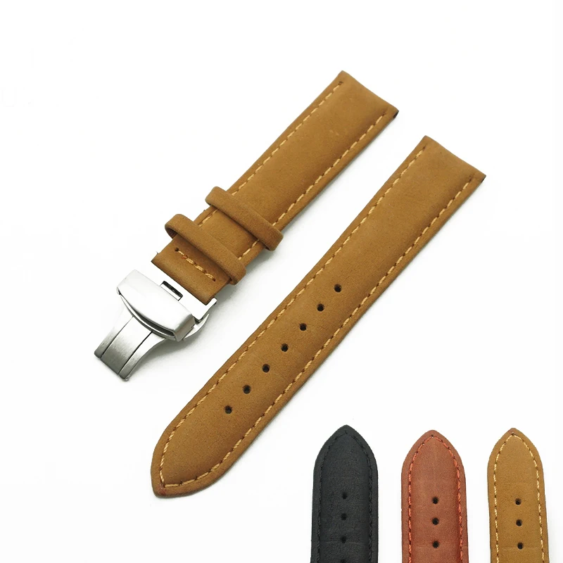 

Genuine Leather Watchbands 20mm 22mm Universal Watch Butterfly buckle Band Steel Buckle Strap Wrist Belt Bracelet