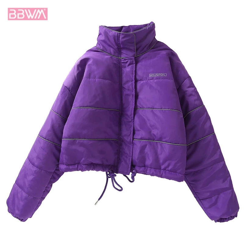 

Reflective Strip Solid Color Loose Long SleeveZipper Short Women's Jacket Drawstring Waist Collar Collar Female Coat Warm Top