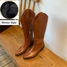  2022 Pointed Western Cowboy Women's Boots Net Red Boots Women's Knee-Length Thin Legs Thick Heel Leather Knight Boots 