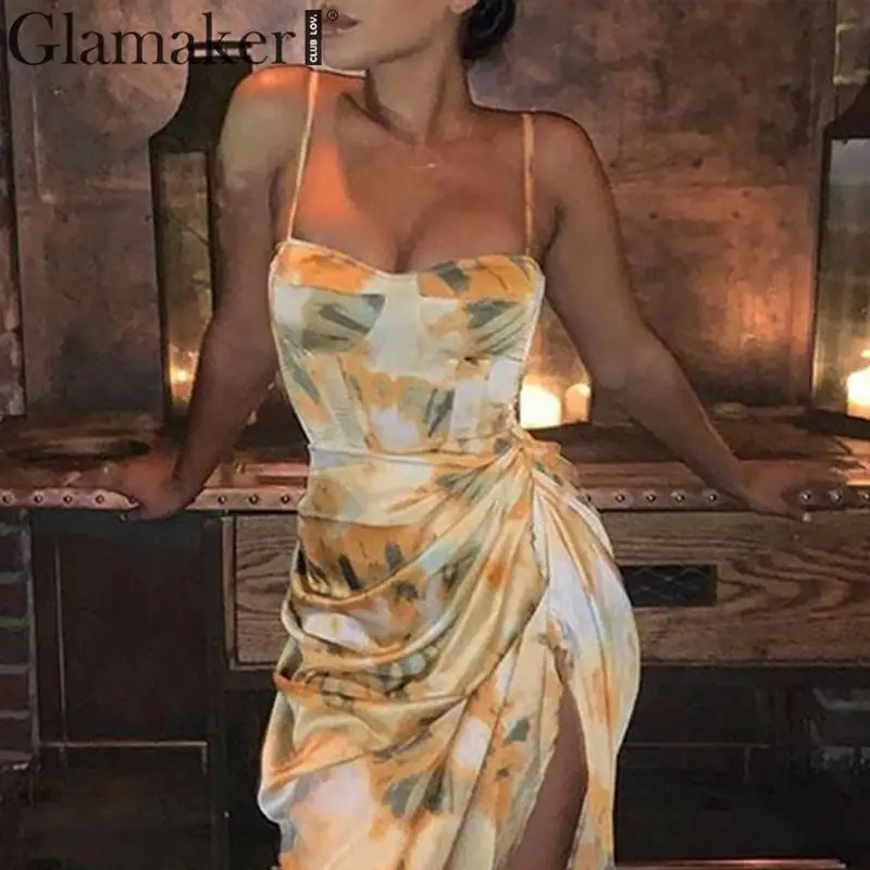 Glamaker/атласное платье с цветочным принтом и тонкими бретельками для женщин; элегантное женское платье с разрезом и высокой талией; сезон осень-зима; вечерние платья; сексуальное платье