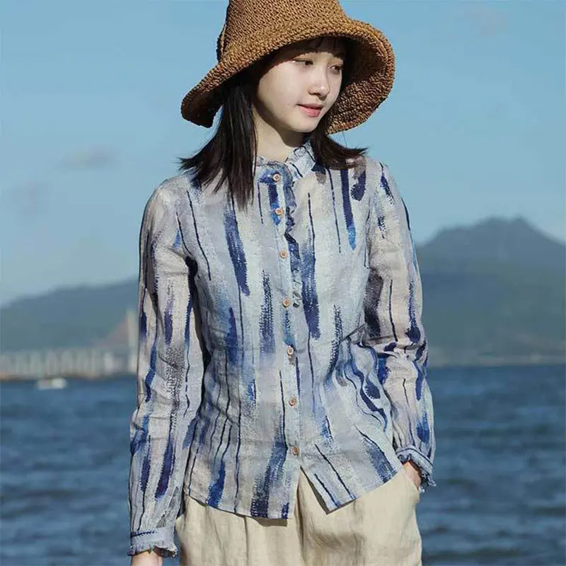 

2021 Spring Autumn New Arts Style Women Long Sleeve Loose Casual Shirts Vintage Print Cotton Linen Blouse Female Tops V544