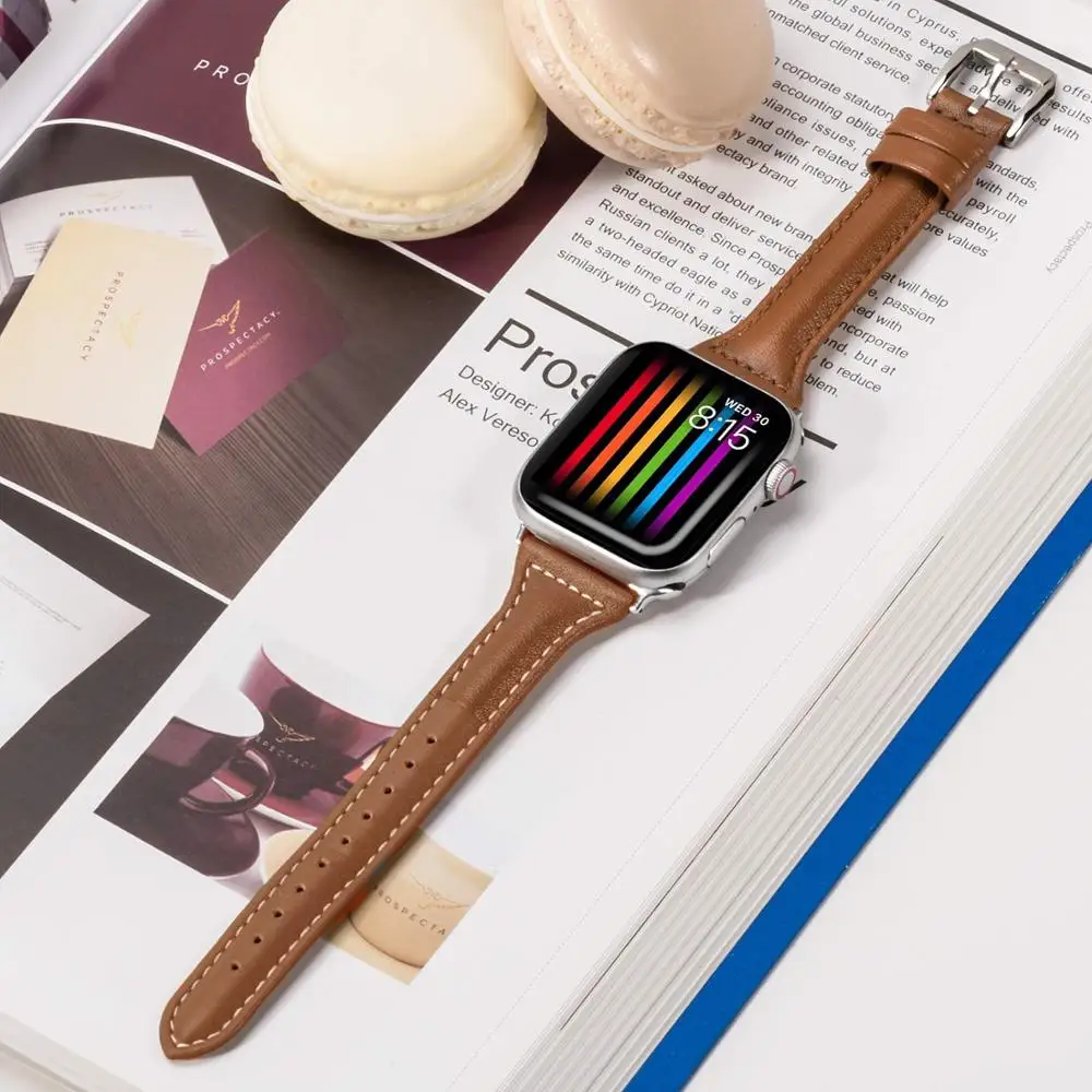 Тонкий кожаный ремешок для часов Apple Watch series 1/2/3 42 мм 38 тонкий браслет iwatch 4 5 40 44