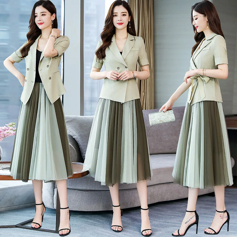 

Small Suit Gauze Pleated Dress Women's 2019 Spring And Summer New Style Western Style Royal Sister Skirt Two Pieces Dress Outfit