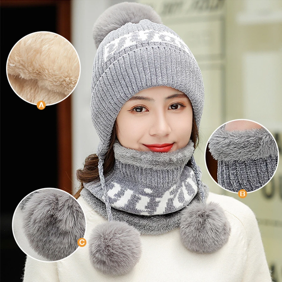 New Winter Chenille Knit Hats Women Warm Three Hair Ball Skullies Wool Hat Lady Cute Velvet Thick Sets 2 Bonnet Cap with Bib