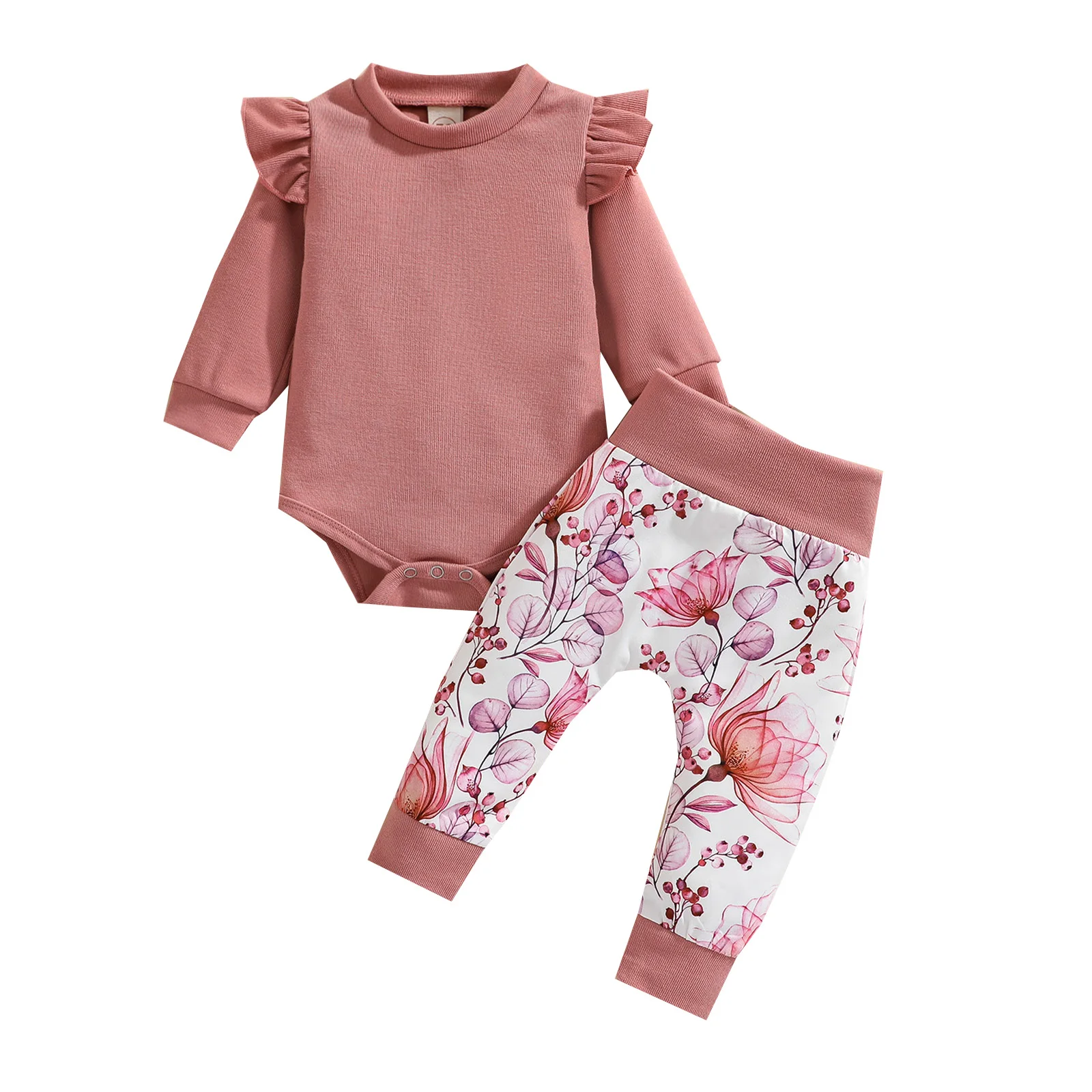 0-24M Baby Girls Solid Long Sleeve Rompers+Floral Printed Pants 2Pcs Outfits Set 