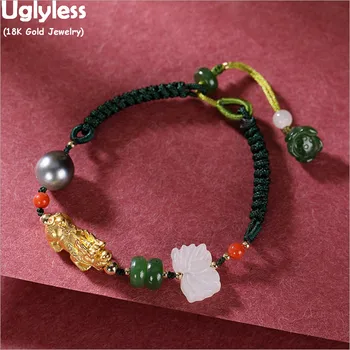 

Uglyless Luxury Real 24k Brave Troops Animal Beads Bracelets for Women Infinity Rope Bracelets Natural Jade Black Pearl Jewelry