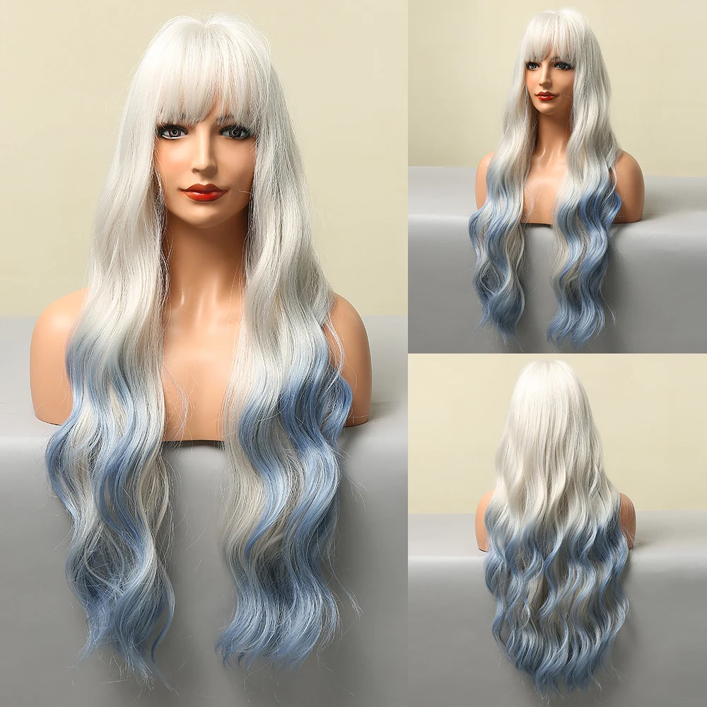 HENRY MARGU Long Wavy Auburn Red Synthetic Wigs with Bangs Kinky Curly Natural Hairs for Daily Cosplay Party Heat Resistant Wigs
