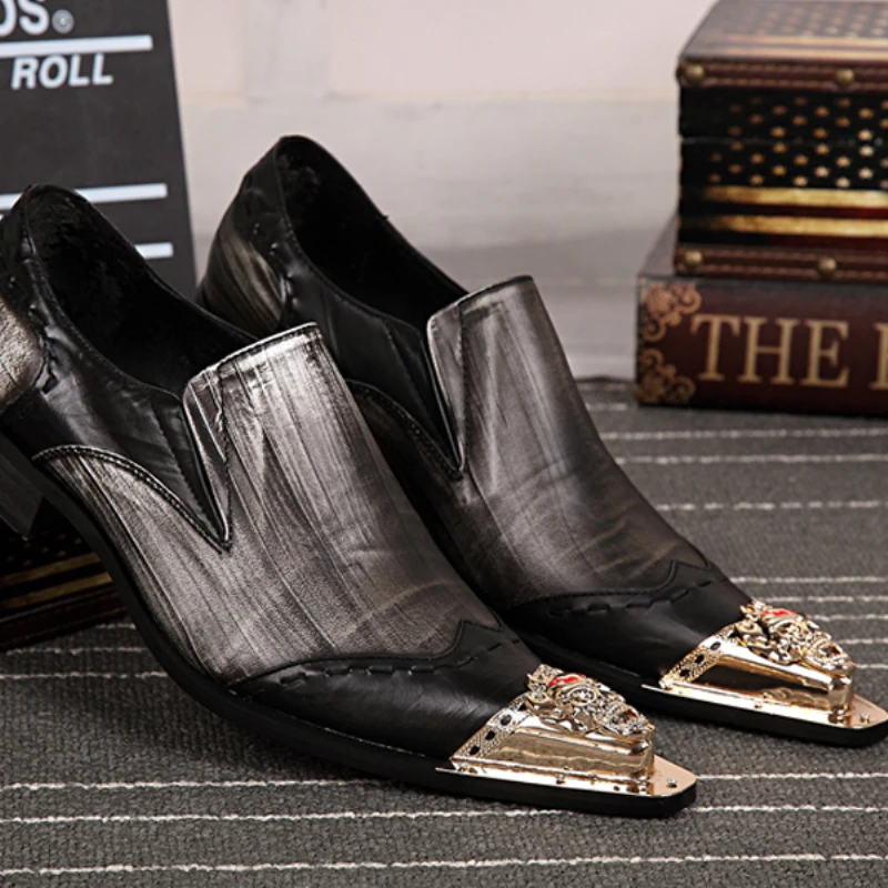 

Christia Balla Plus Size Golden Pointed Toe Carved Male Genuine Leather Splicing Shoes Business Party Men Shoes Men's Prom Shoes