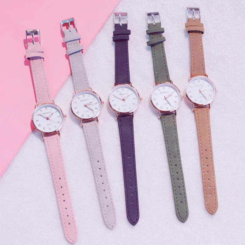 Вишневые розовые простые часы Reloj Mujer Круглые Женские часы из искусственной кожи аналоговые из сплава часы Relogio Feminino для девушек Подарок