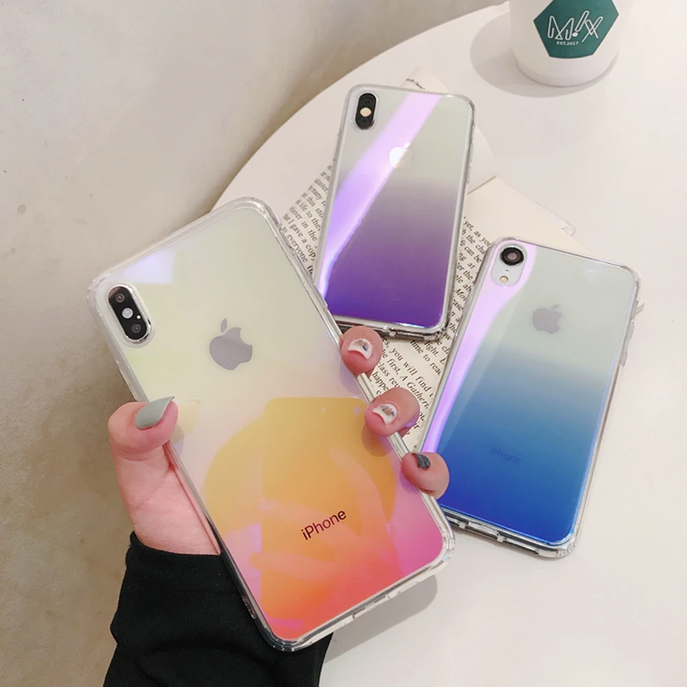 Gradient Colors Case for iPhone 8plus 2 in 1 Clear Soft TPU Blue Ray Transparent i Phone 7 6s 6 Plus Xr Xs Max Cover |