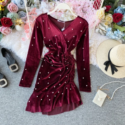 Burgundy Neploe/сексуальное платье с v-образным вырезом из золотистого бархата, тонкая талия, с поясом, асимметричное, с оборками, Vestido, бисероплетение, на завязках, плиссированные, вечерние, Ropa - Цвет: Burgundy