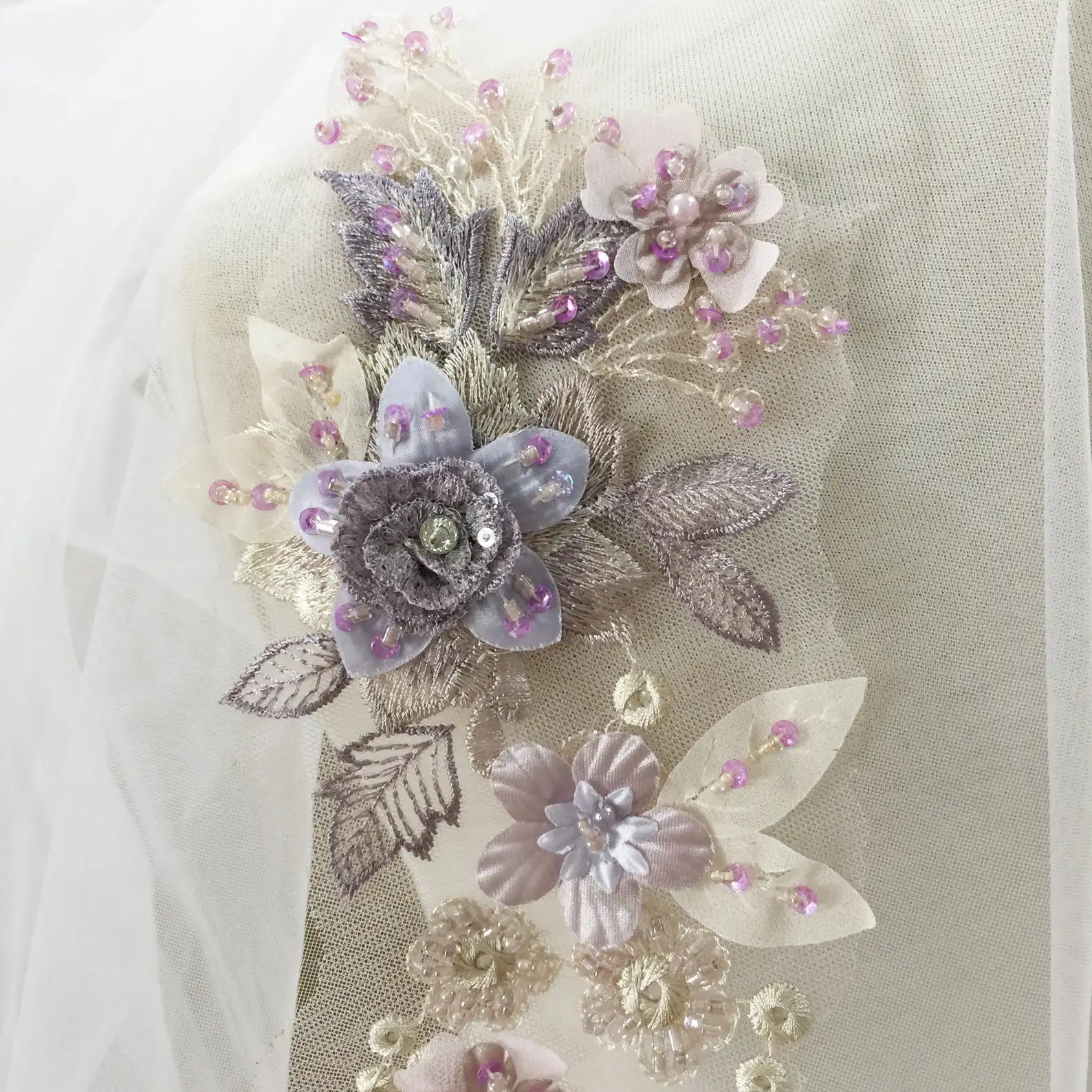 

2 pieces 3D hand beaded flower lace applique motif patch in pastel purple for costumes, ballet dance costumes