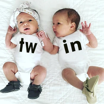 

Newborn Baby Boy Girl Short Sleeve Letter Print Twin Brothers sisters Jumpsuit Cotton Romper Baby Clothes Hot