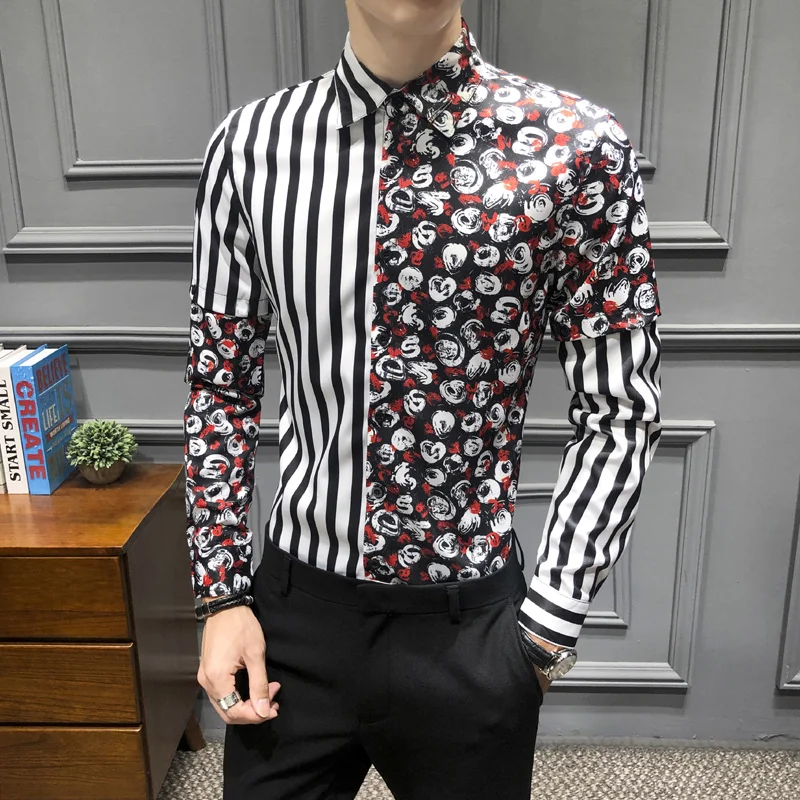 

Fashion Spliced Shirt Men Autumn Winter Long Sleeve Men Floral Shirt Slim Fit Casual Striped Shirts Men Club Prom Tuxedo 3XL-M