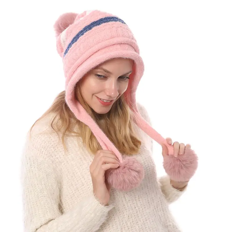 Осенне-зимние теплые вязаные шапки, Модная элегантная женская шерстяная шапка с шариком для волос - Цвет: Розовый