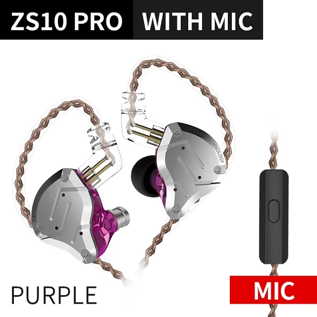 Purple with mic KZ ZS10 PRO 4BA+ 1DD KZ гибридные наушники гарнитура Hi-Fi наушники в ухо DJ монитор наушники для KZ AS10 ZS10 ZSN PRO - Цвет: Purple with mic