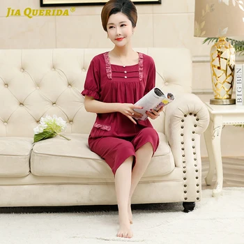 

Women's Pajamas Set Sleepwear Home Clothes Luxury Elegant Red Square Collar Calf-length Pants Short Sleeves Cotton Womens Pyjama